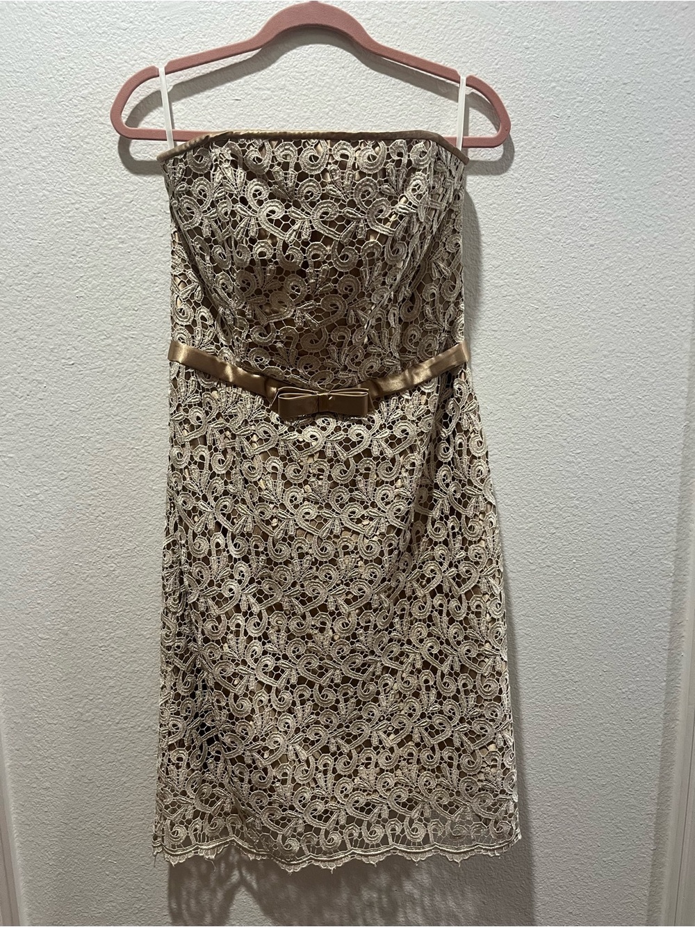 Cache Strapless Lace Dress in Cream with Gold Belt